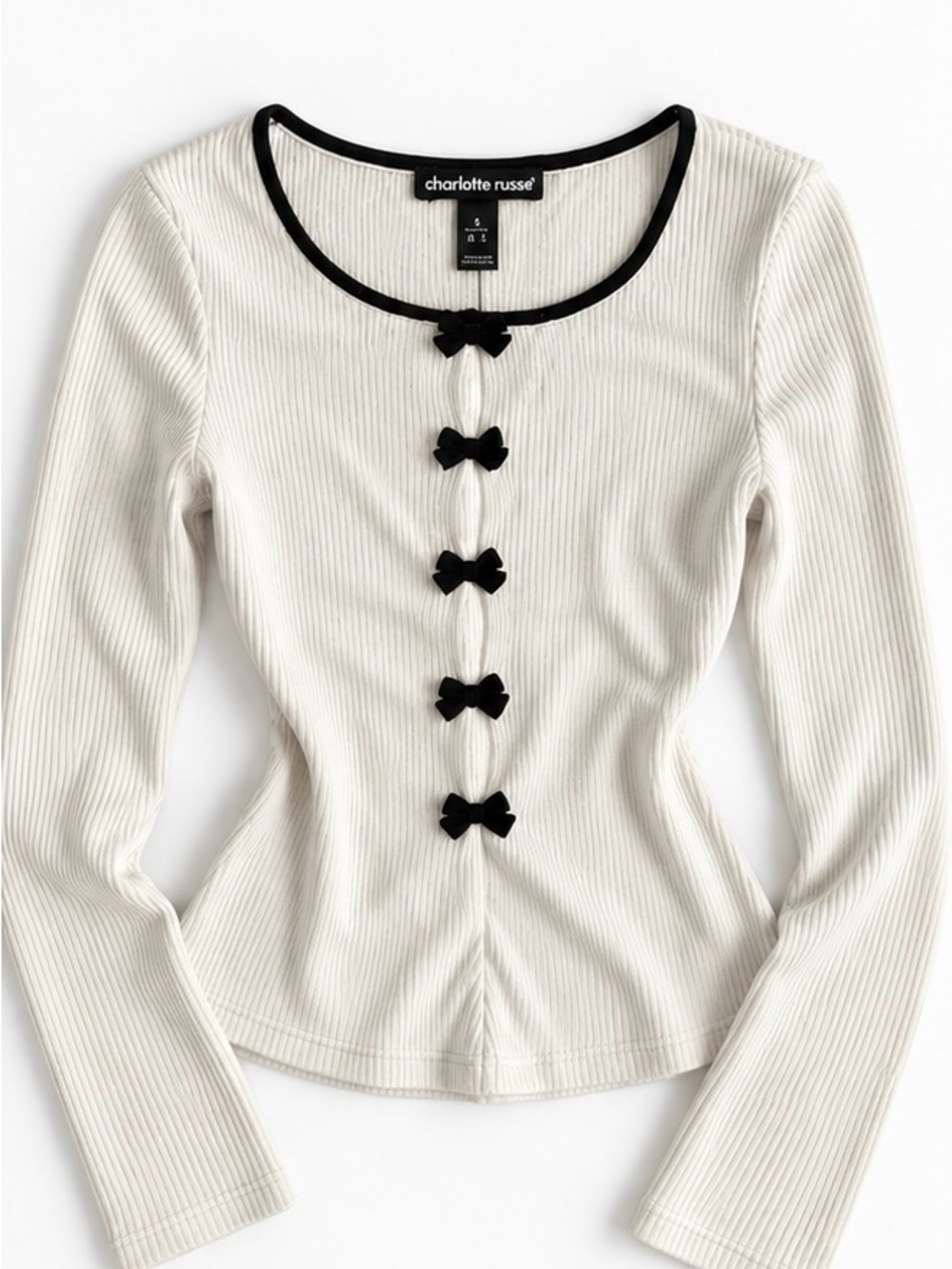 Charlotte Russe Cream Ribbed Long-Sleeve Top with Black Bow Trim
